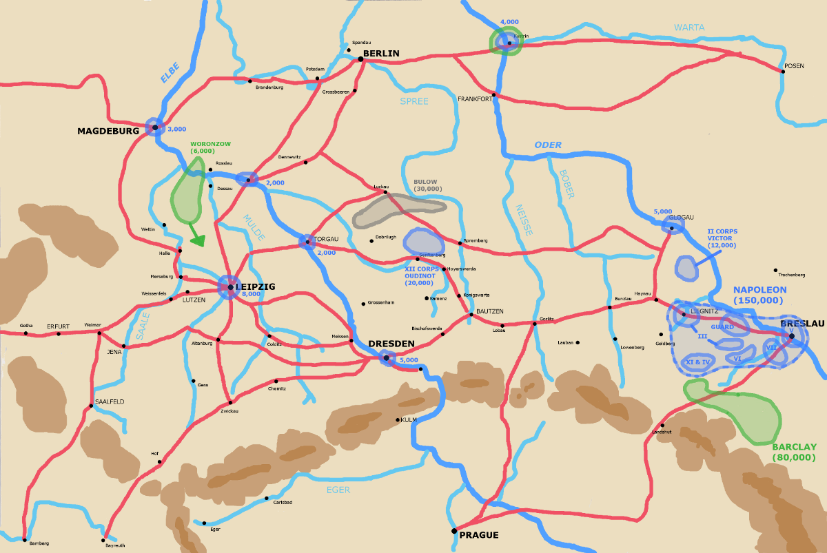 A map showing the strategic situation in Northern Germany and Poland at the end of May 1813.