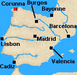 Map of Iberia with Corunna marked.