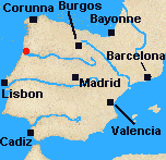 Map of Iberia with Oporto marked.