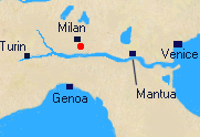 Map of Northern Italy with Lodi marked.