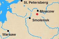Map of north central Russian with Maloyaroslavets marked.