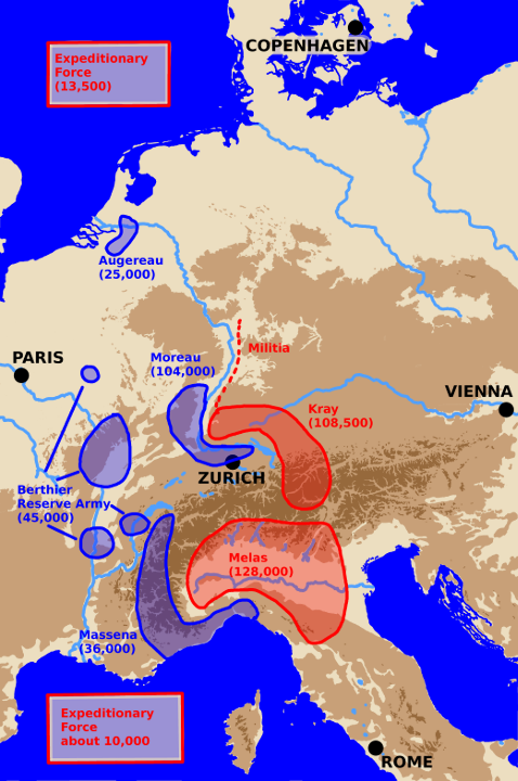 A map showing Central Europe with Army locations at the start of 1800.
