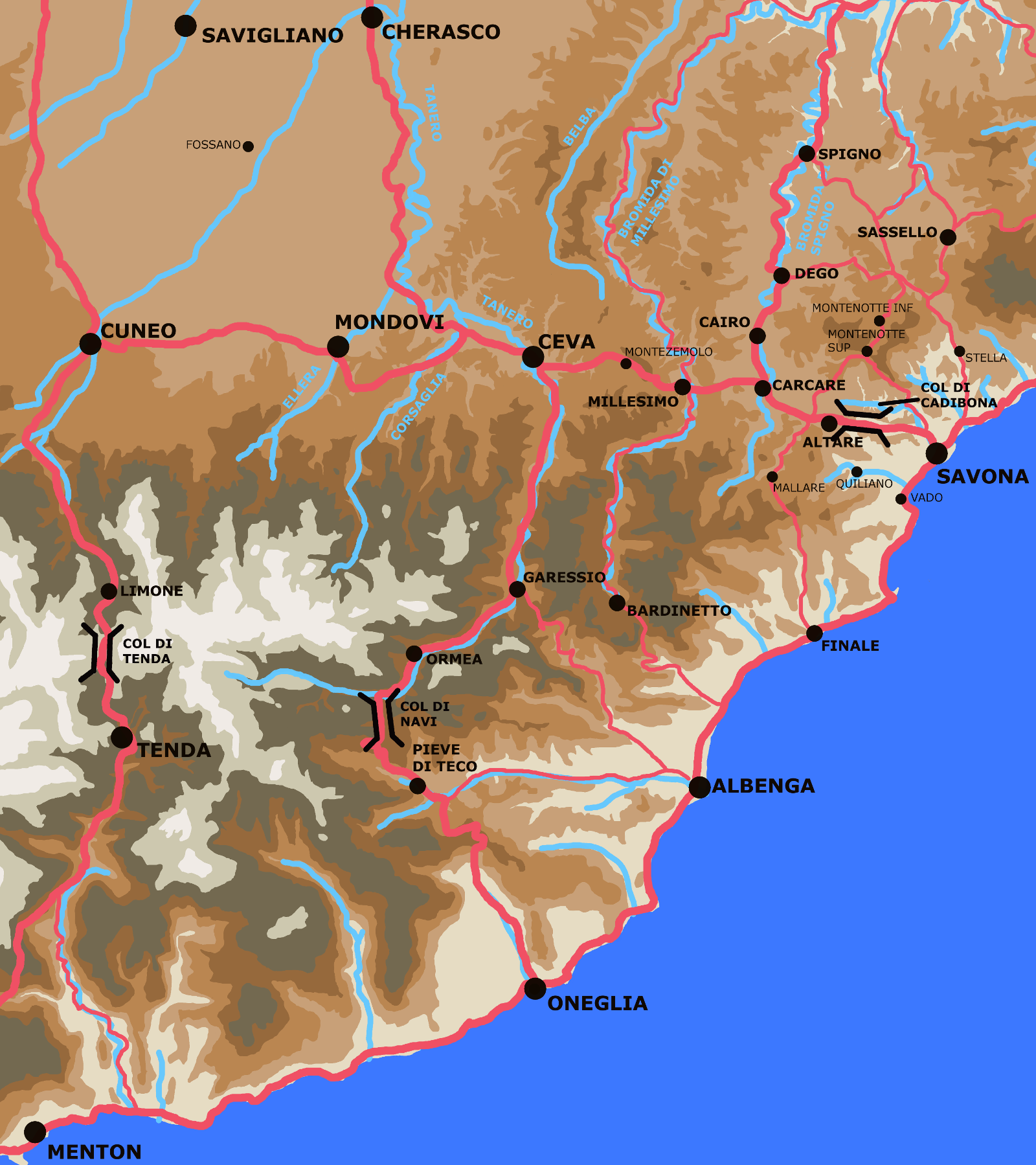 A map showing the major passes over the Alps available to the French.