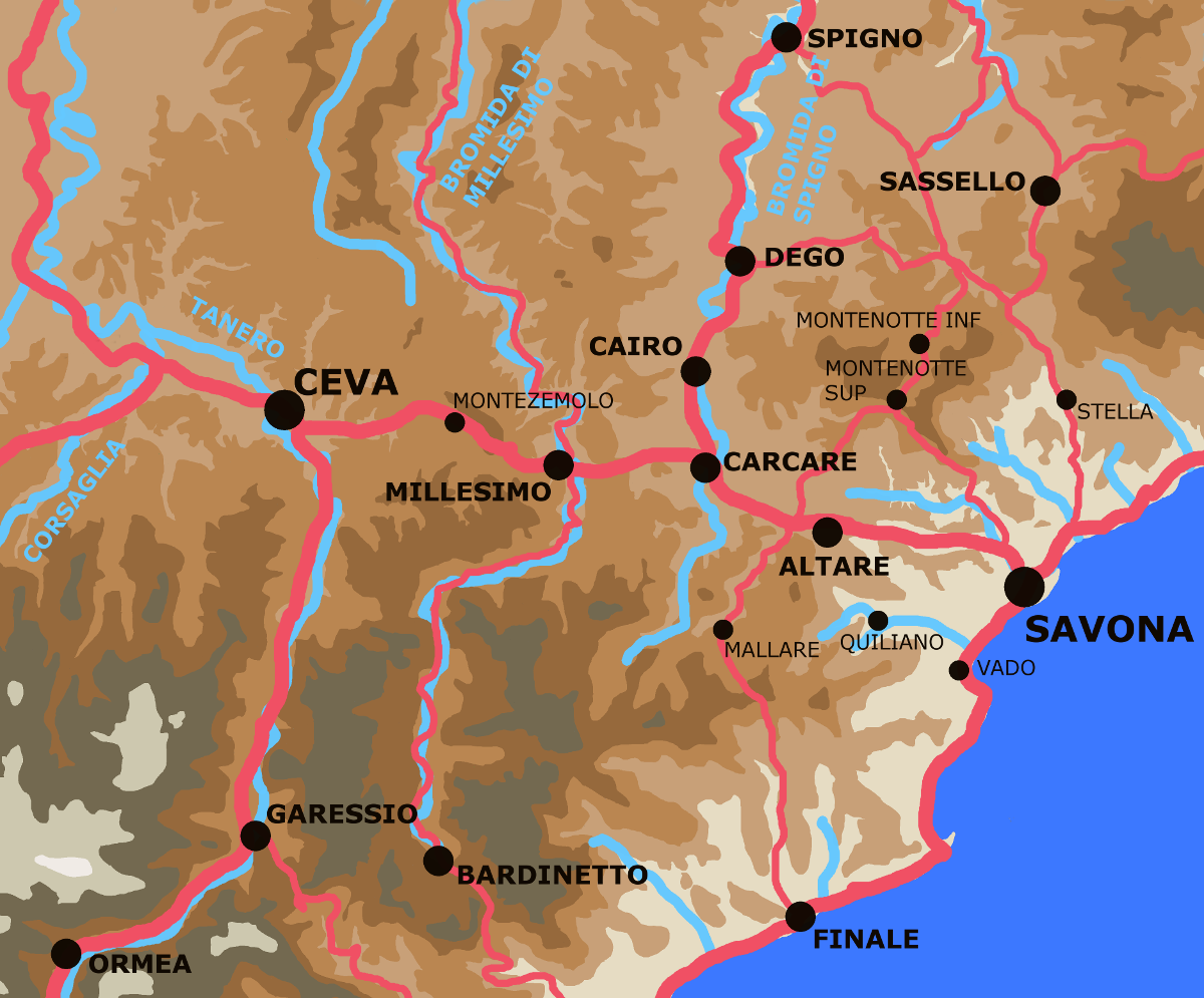 A map showing the 'cannon road' between Savona and Ceva.