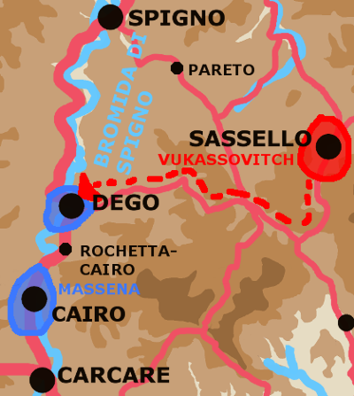 A map showing the Dego area on April 15th morning.