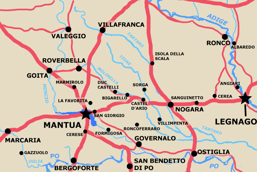 A map showing area between Legnago and Mantua.