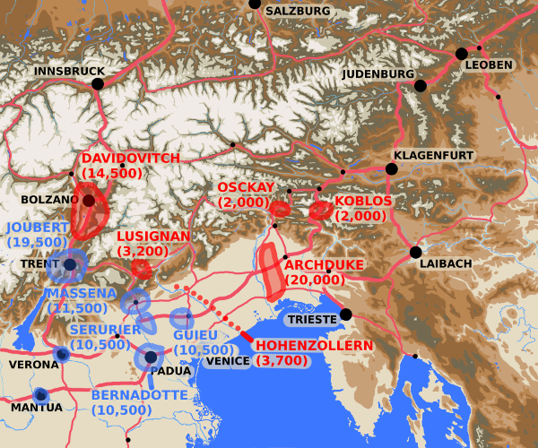 A map showing the theatre of operations in Italy at the beginning of March 1797.