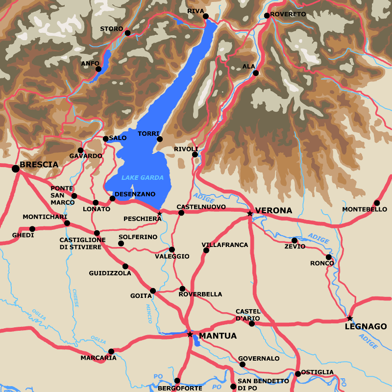 A map showing the theatre of operations in Italy during summer 1796.