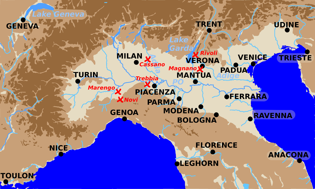 A map showing battles in Northern Italy from 1797 to 1800.