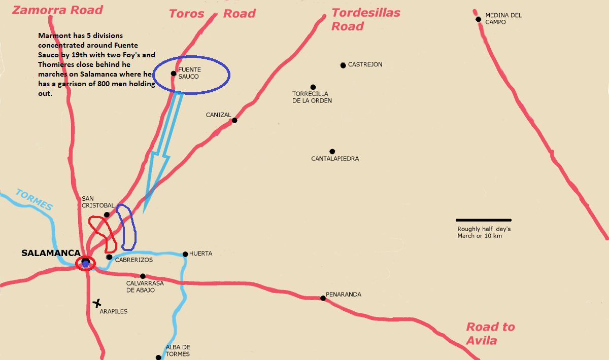 A map showing French concentration on 19th June and subsequent march towards Salamanca.
