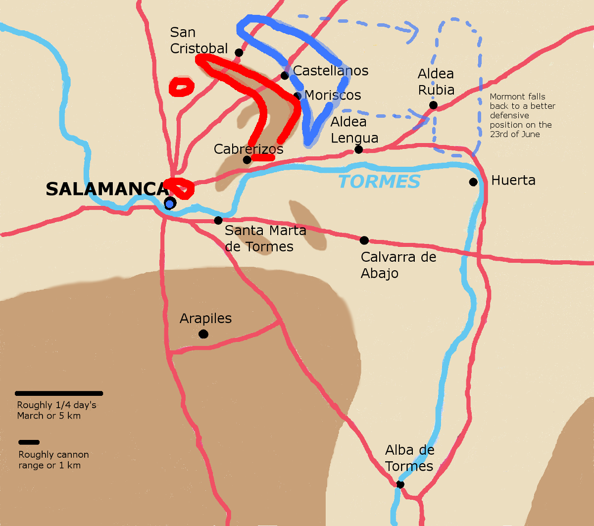 A map showing stand-off on San Cristobal ridge near Salamanca, neither general sees enough advantage to attack.