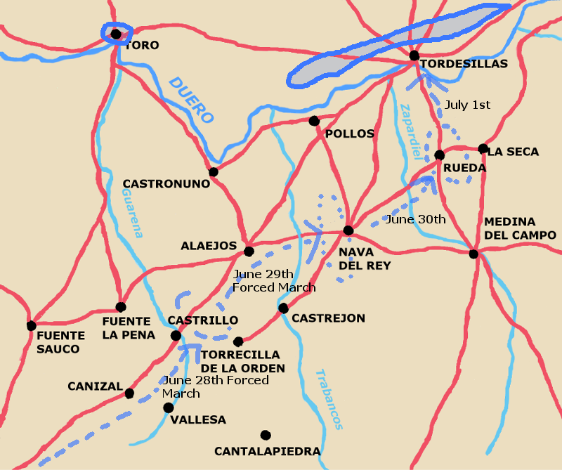 A map showing Mormonts fall back to the Duero.