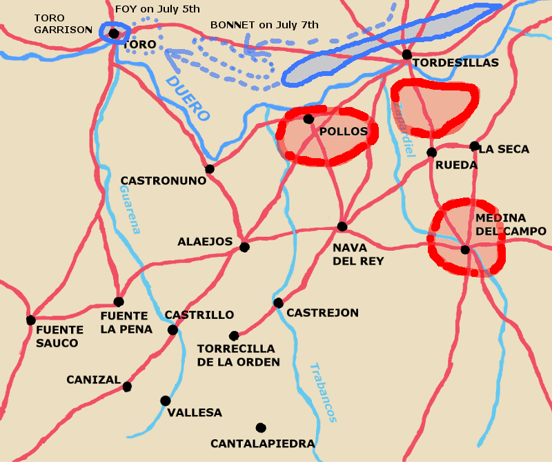 A map showing Marmont and Wellington facing each other across the Duero.