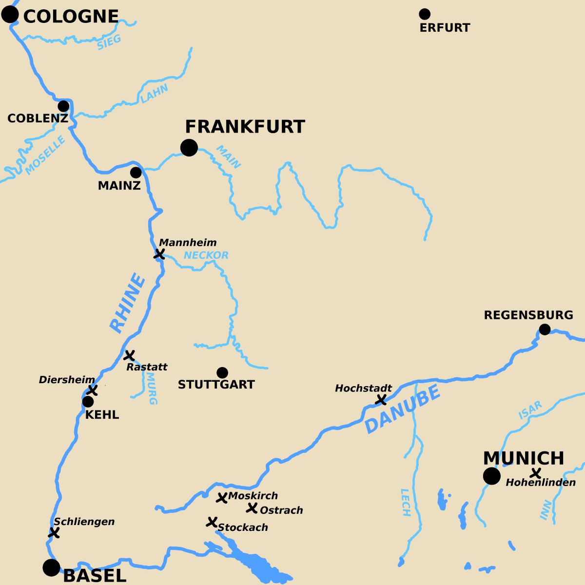 A map showing battles in Southern Germany from 1797 to 1800.